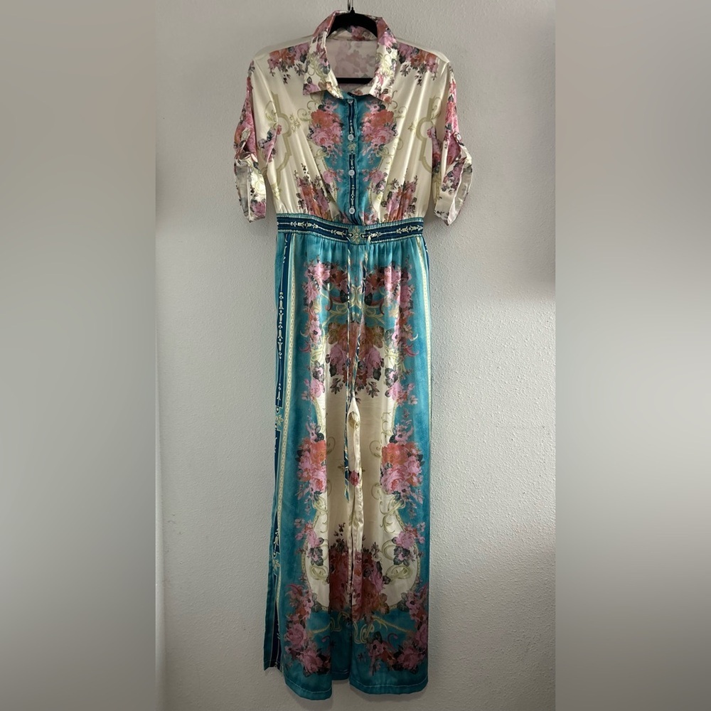 Floral Silk-Feel Button-Front Jumpsuit